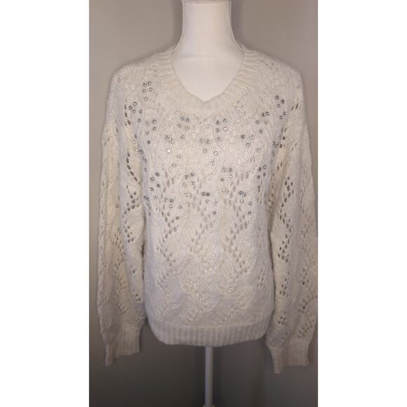 BKE Sweaters - Red by BKE Pointelle white eyelet rhinestone layering sweater